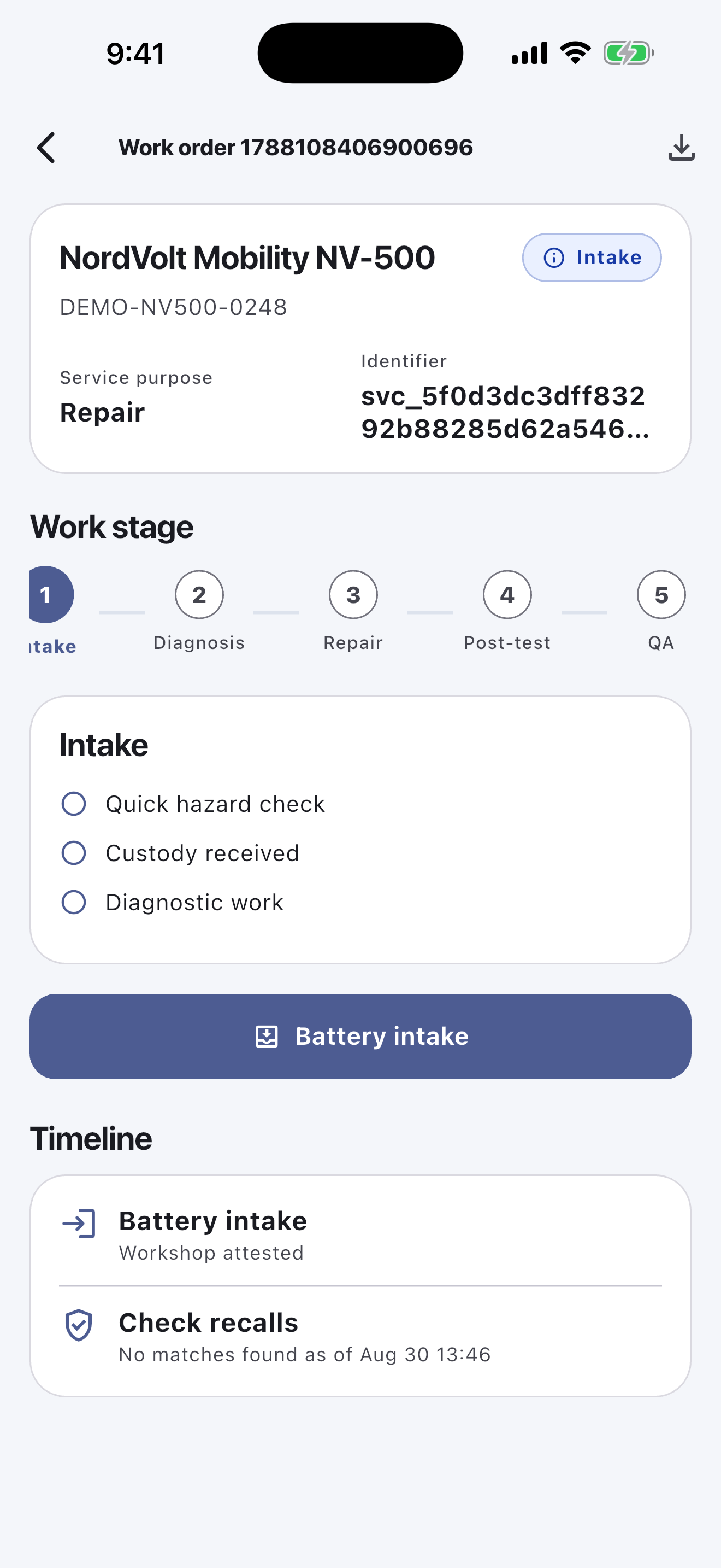 Battery Passport work order with diagnosis, repair, post-test and QA stages