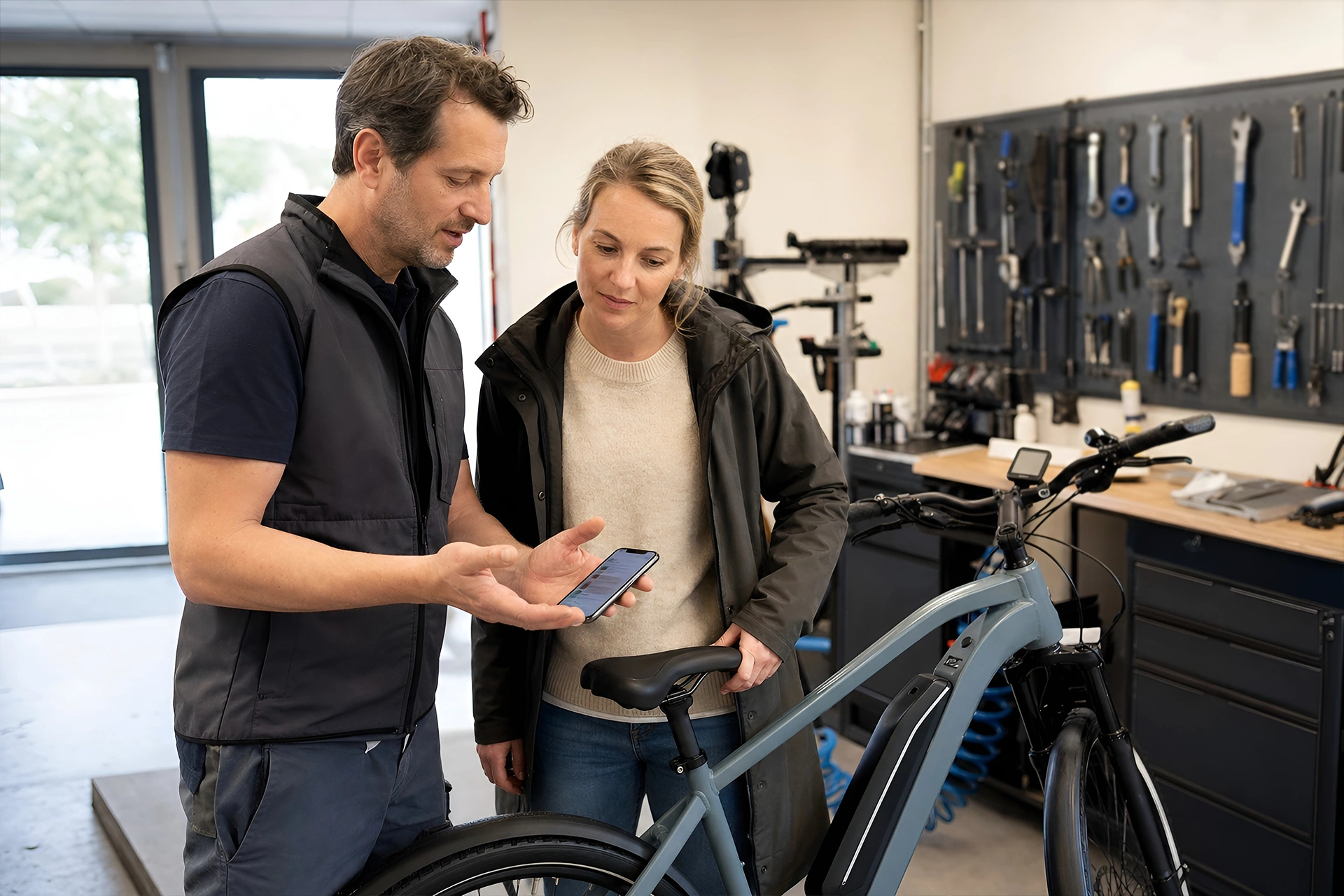 Workshop owner explaining a digital battery history to an e-bike customer