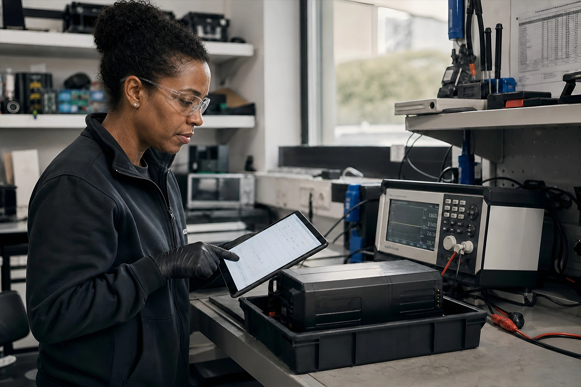 Battery diagnostics technician recording a controlled bench test on a tablet