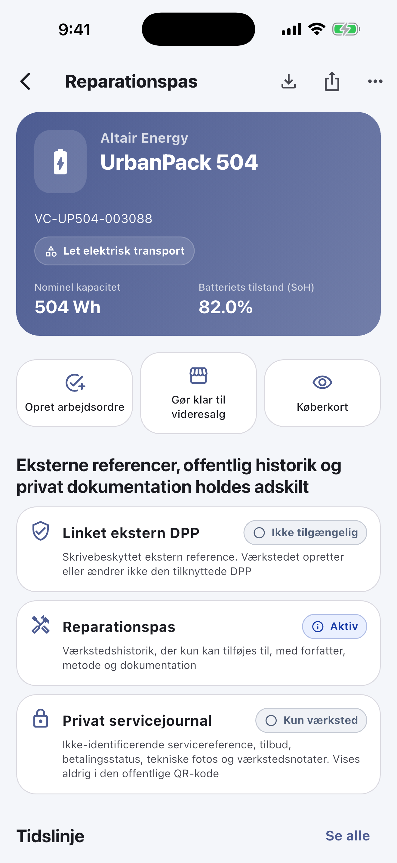 Det daglige arbejde foregår i mobilappen: Scan og identificer batterier, udfør sikkerhedstjek, registrer diagnose, reparationer, målinger og billeder, indhent kundens godkendelse og afslut afleveringen — også uden internet.