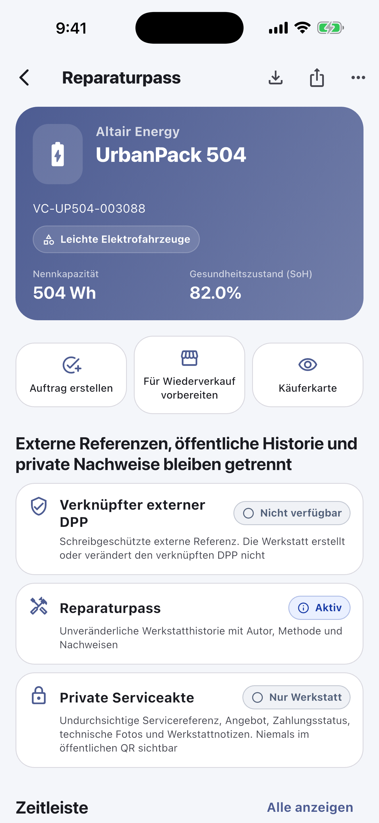 Die Arbeit an der Batterie erfolgt in der mobilen App: Batterien scannen und identifizieren, Sicherheitsprüfungen durchführen, Diagnose, Reparaturen, Messwerte und Fotos dokumentieren, Kundenfreigaben einholen und die Übergabe abschließen — auch ohne Internetverbindung.