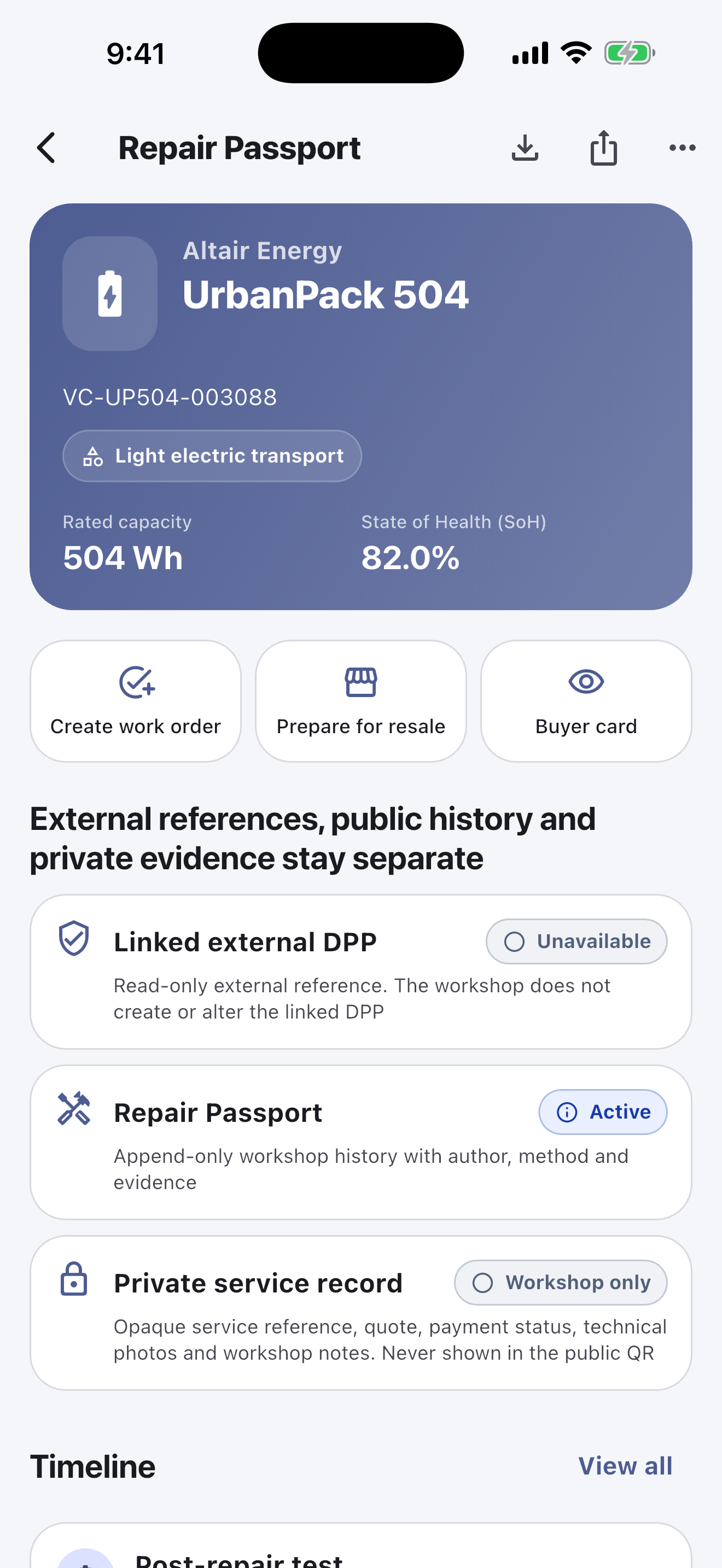 The main work happens in the mobile app: Scan and identify batteries, run safety checks, record diagnostics, repairs, measurements and photos, obtain customer approval and complete handover — even without an internet connection.