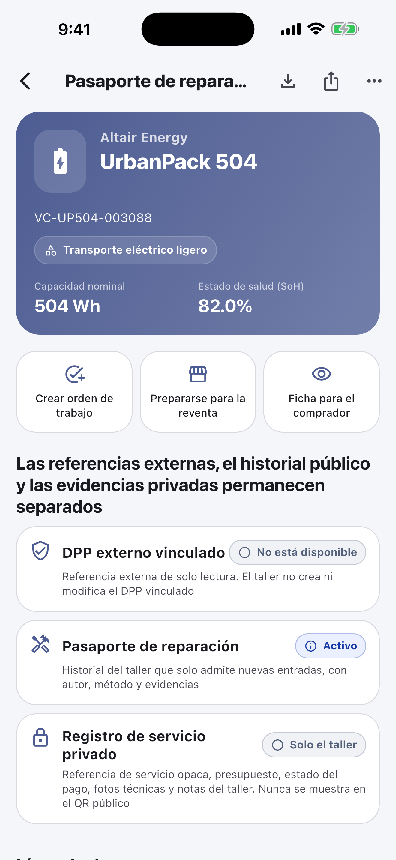 El trabajo con la batería se realiza en la aplicación móvil: Escanea e identifica baterías, realiza controles de seguridad, registra diagnósticos, reparaciones, mediciones y fotos, solicita la aprobación del cliente y completa la entrega — incluso sin conexión a Internet.