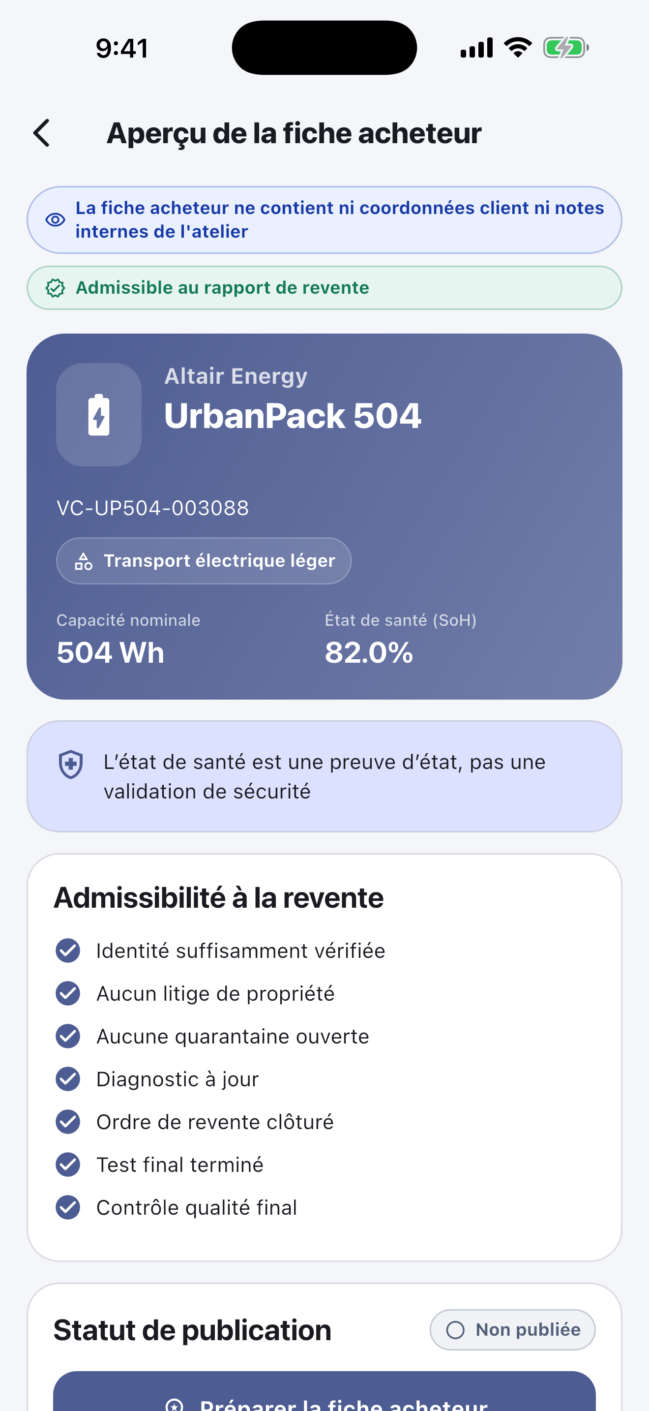 Logiciel de passeport batterie pour ateliers de réparation — Remettre et publier