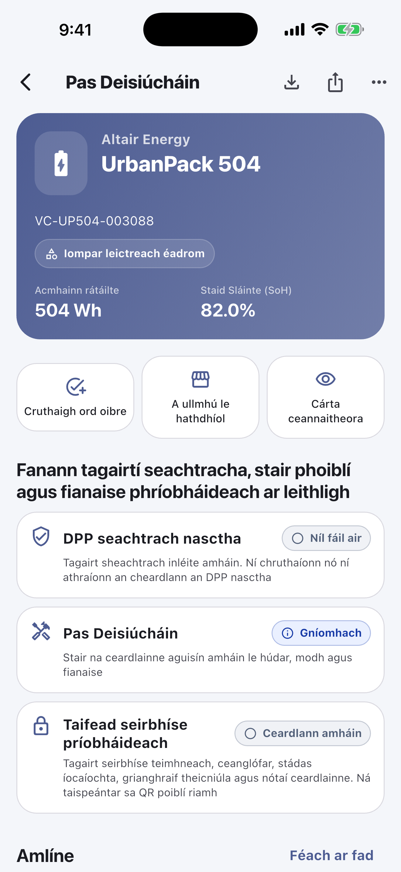 Déantar an phríomhobair san aip shoghluaiste: Scan agus sainaithin cadhnraí, déan seiceálacha sábháilteachta, taifead diagnóisí, deisiúcháin, tomhais agus grianghraif, faigh cead an chustaiméara agus cuir an tabhairt ar láimh i gcrích — fiú gan idirlíon.