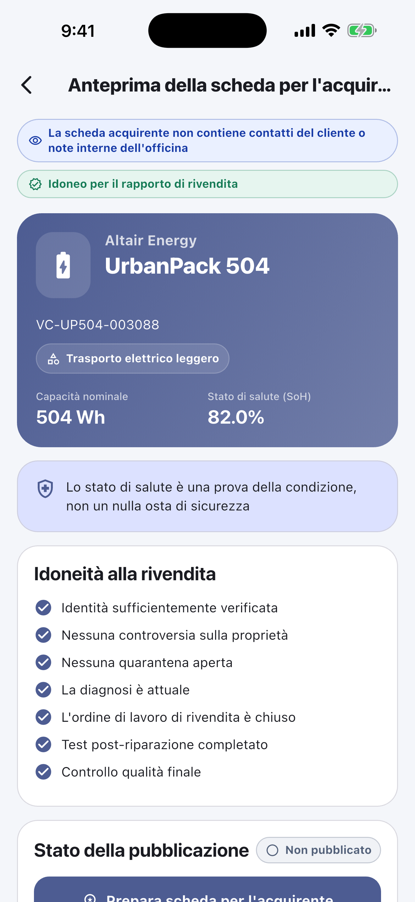 Software per il passaporto batteria delle officine — Consegna e pubblica
