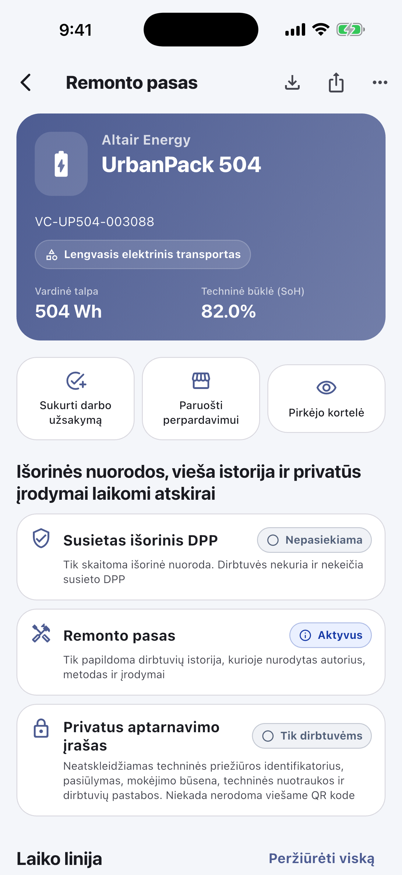 Pagrindinis darbas atliekamas mobiliojoje programėlėje: Nuskaitykite ir identifikuokite akumuliatorius, atlikite saugos patikras, fiksuokite diagnostiką, remontą, matavimus ir nuotraukas, gaukite kliento patvirtinimą ir užbaikite perdavimą — net be interneto.