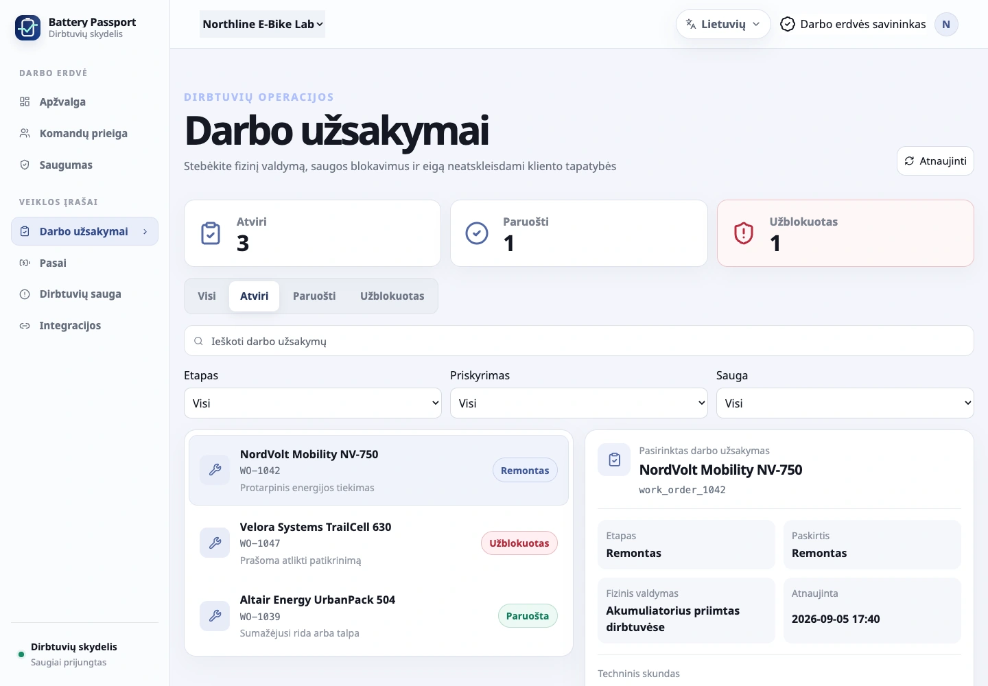 Valdykite dirbtuves žiniatinklio skydelyje: Technikas dirba su akumuliatoriumi mobiliojoje programėlėje, o savininkai ir vadovai stebi procesus žiniatinklio skydelyje.