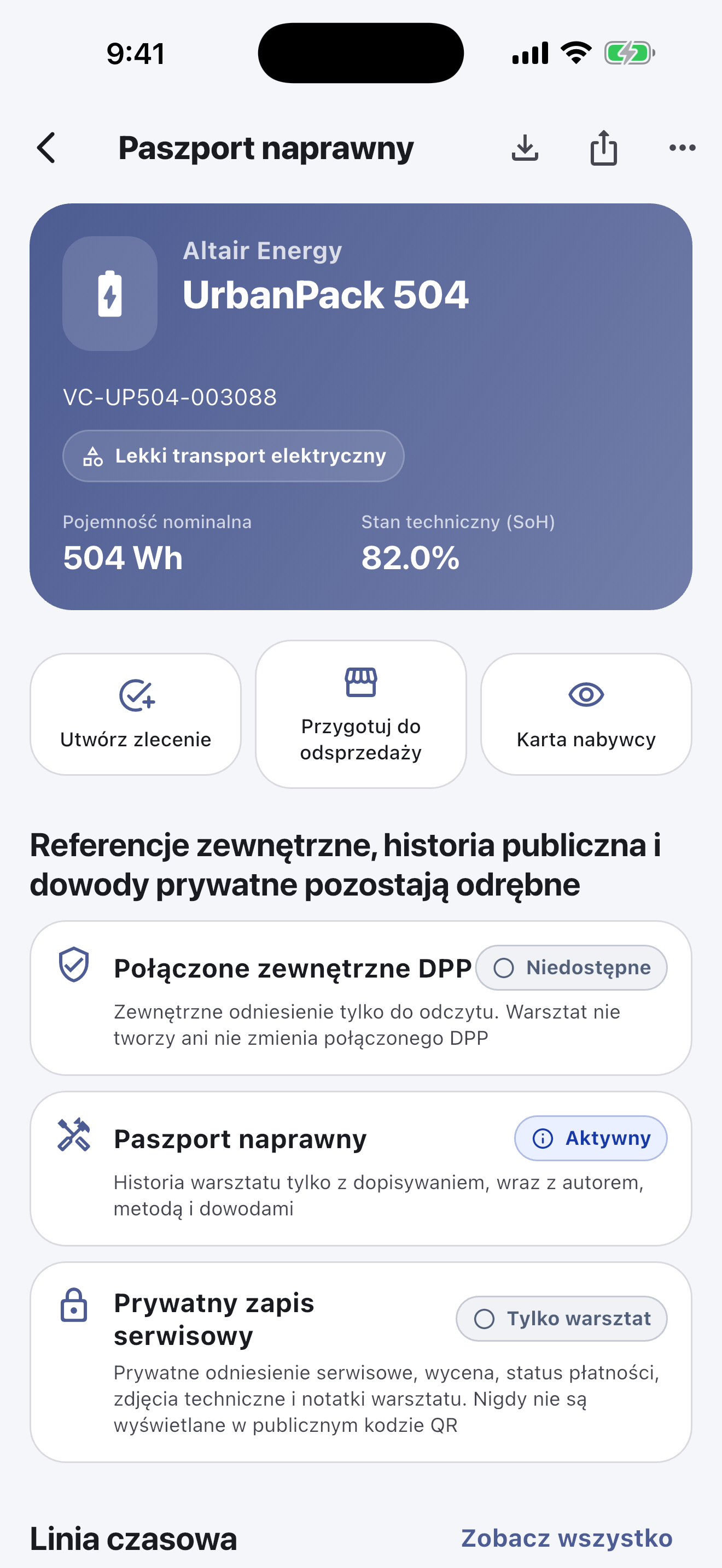 Podstawowa praca odbywa się w aplikacji mobilnej: Skanuj i identyfikuj akumulatory, przeprowadzaj kontrole bezpieczeństwa, zapisuj diagnostykę, naprawy, pomiary i zdjęcia, uzyskuj zgodę klienta i finalizuj wydanie — także bez internetu.