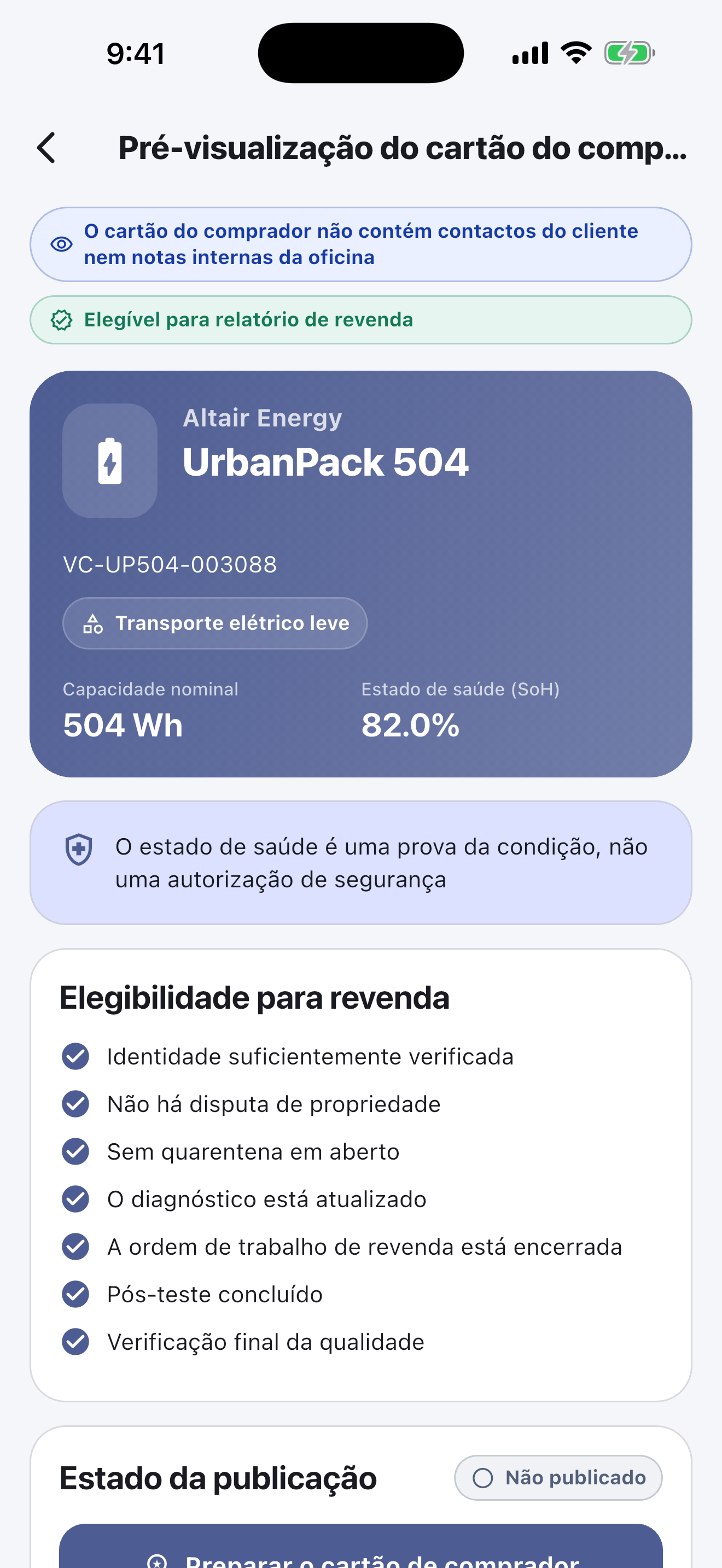 Software Battery Passport para oficinas de reparo — Entregue e publique