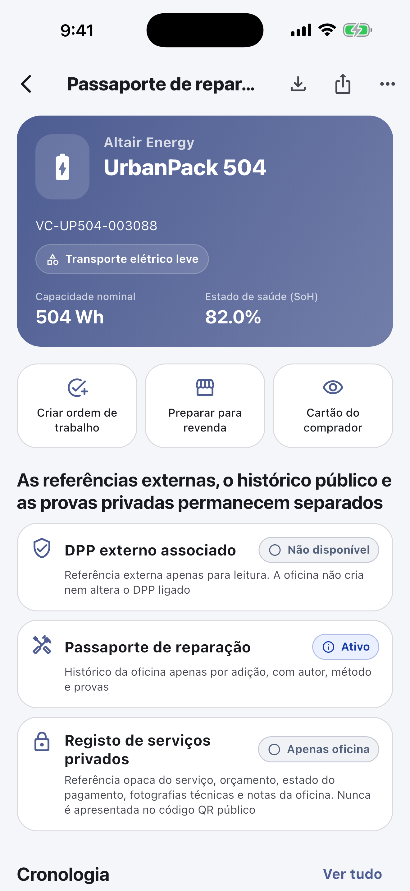 O trabalho na bateria é feito na aplicação móvel: Leia e identifique baterias, execute verificações de segurança, registe diagnósticos, reparações, medições e fotografias, obtenha a aprovação do cliente e conclua a entrega — mesmo sem ligação à Internet.